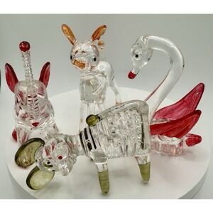 Set Of 4 Lucite Figurines - Deer, Elephant, Swan And Other Creature